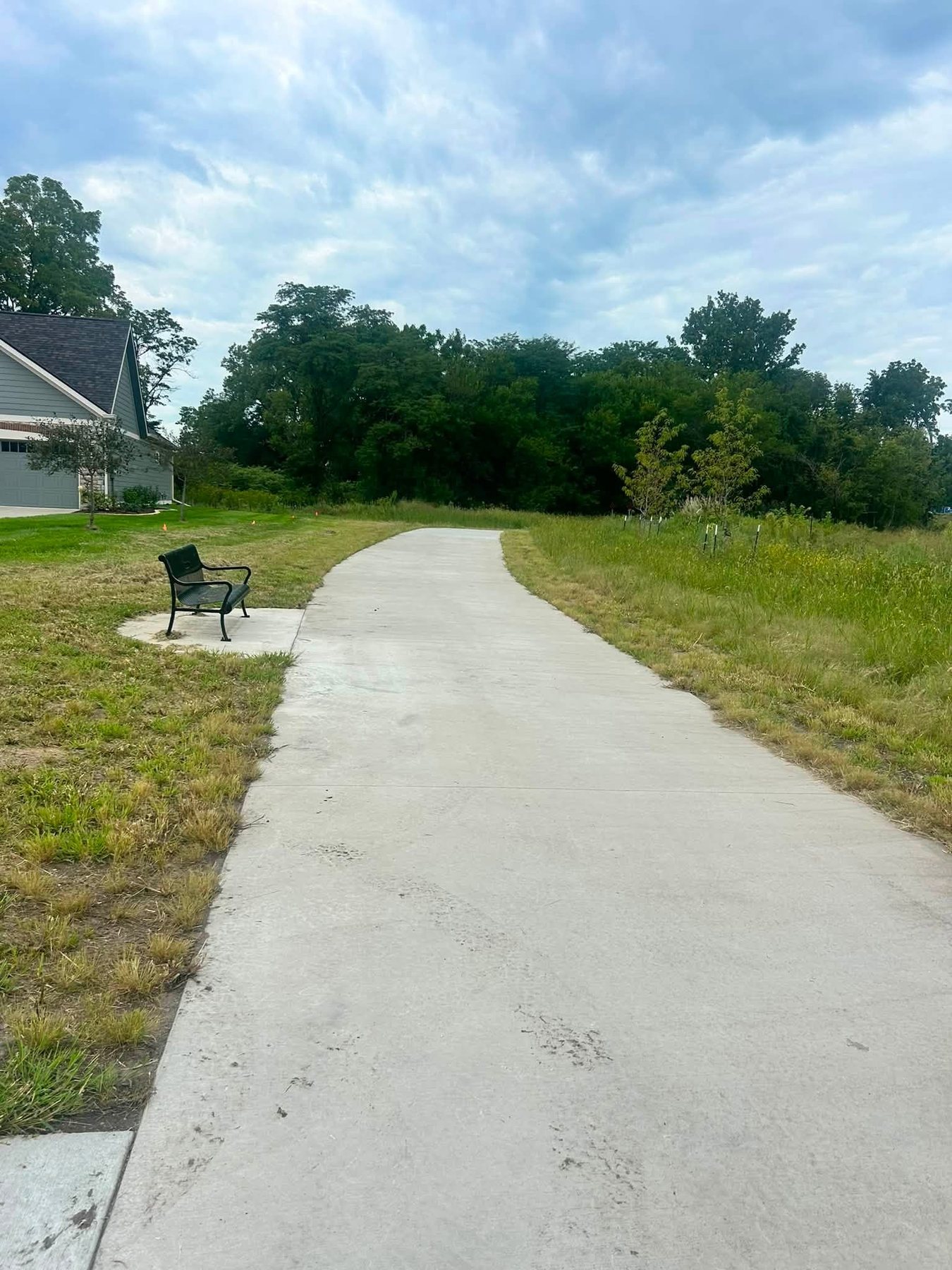 Completed concrete path through a landscaped area